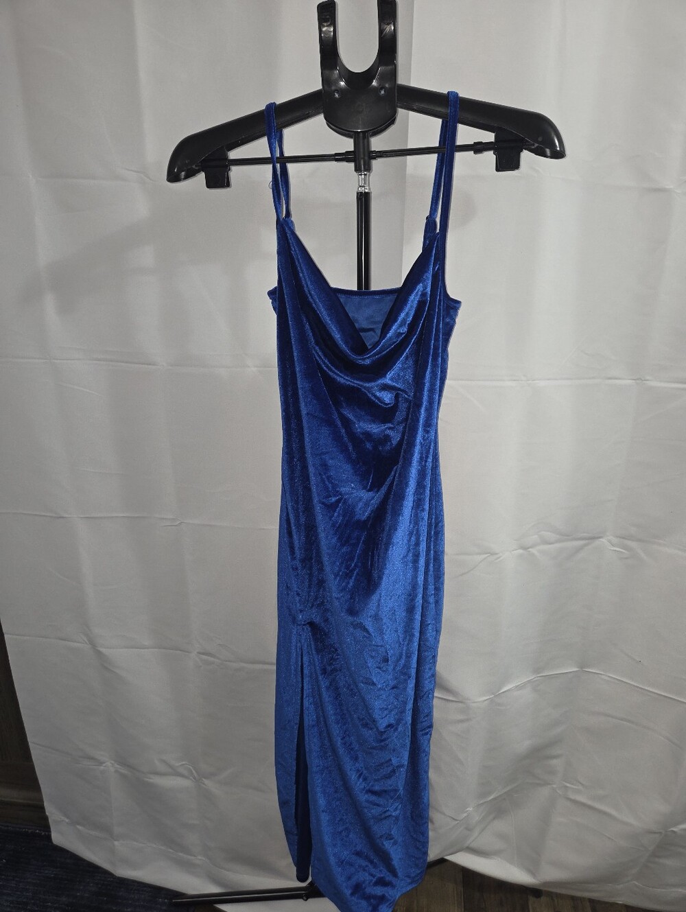 Blue Ruched Bodycon Midi Dress Sleeveless Scoop Neck Stretch Knit L TikTok Dress